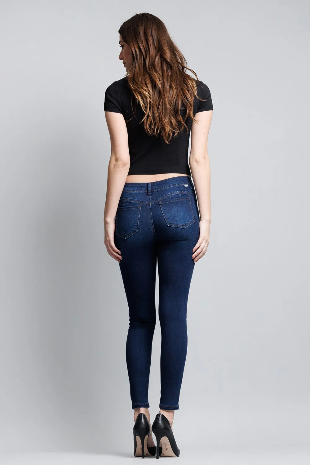 Basic Mid-Rise Ankle Cropped Denim Skinny Jeans - Dark Blue