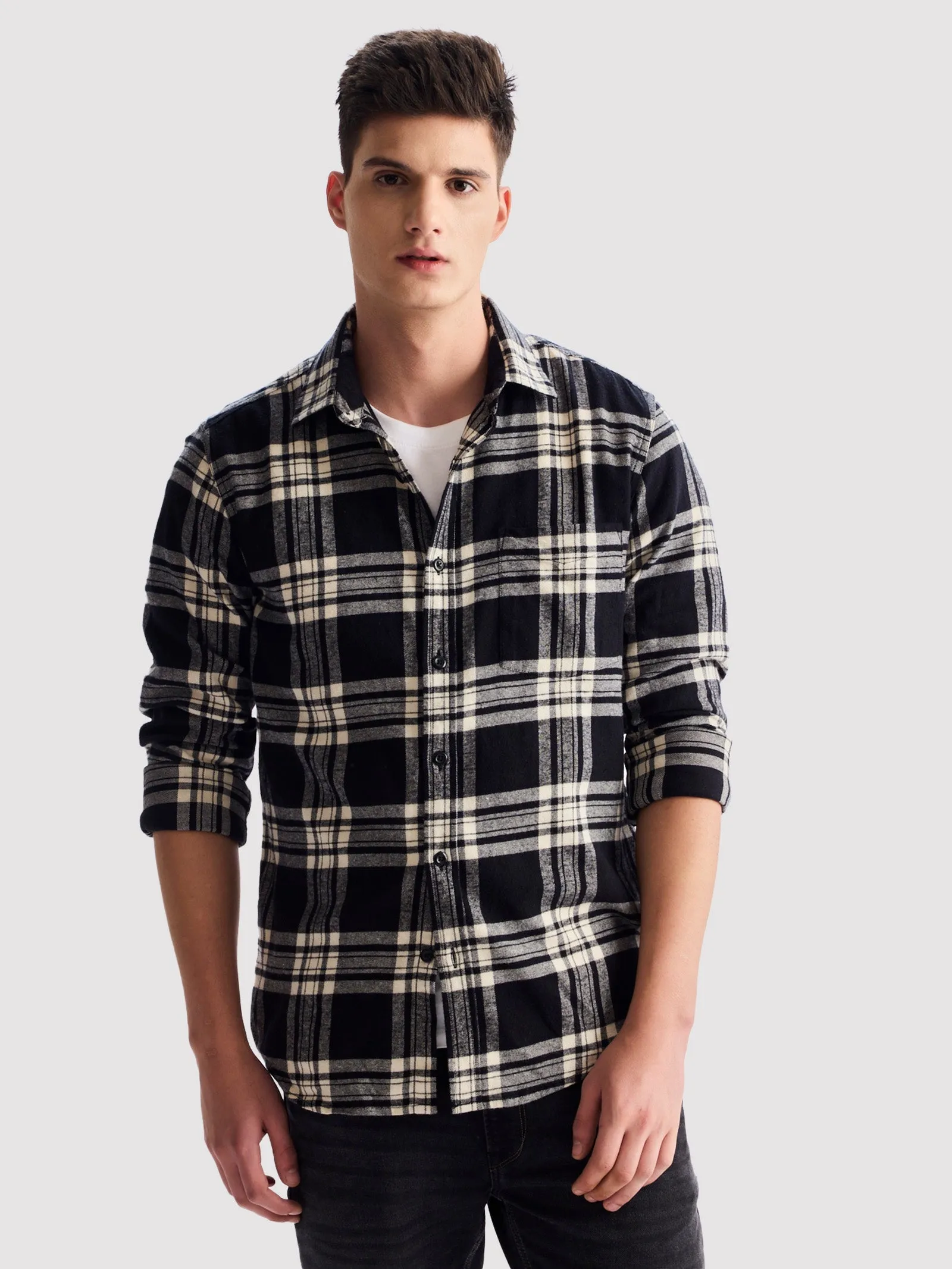 Black Brushed Cotton Checked Shirt