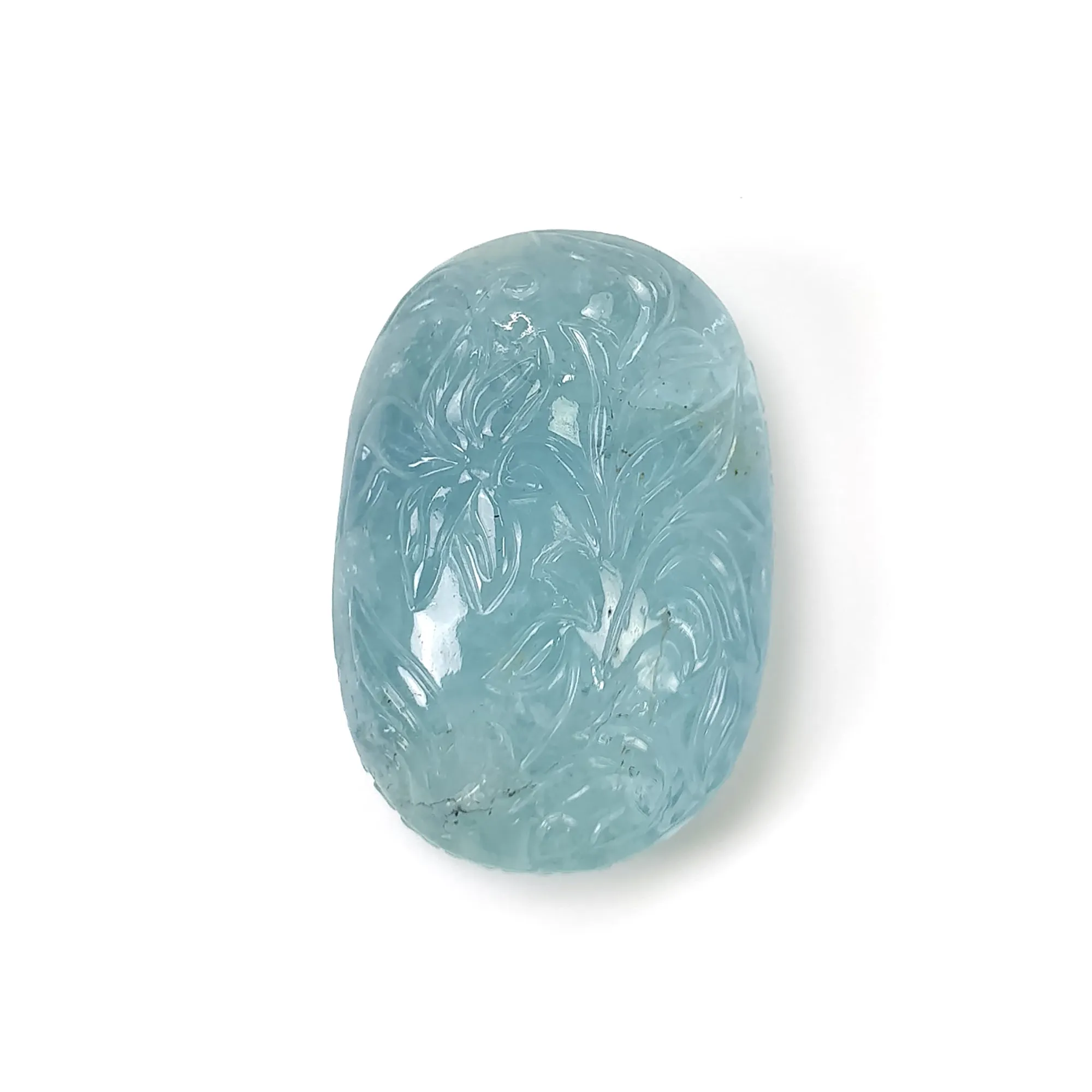 BLUE AQUAMARINE Gemstone Carving  : 95.60cts Natural Untreated Aqua Both Side Hand Carved Oval Shape 36*24.5mm