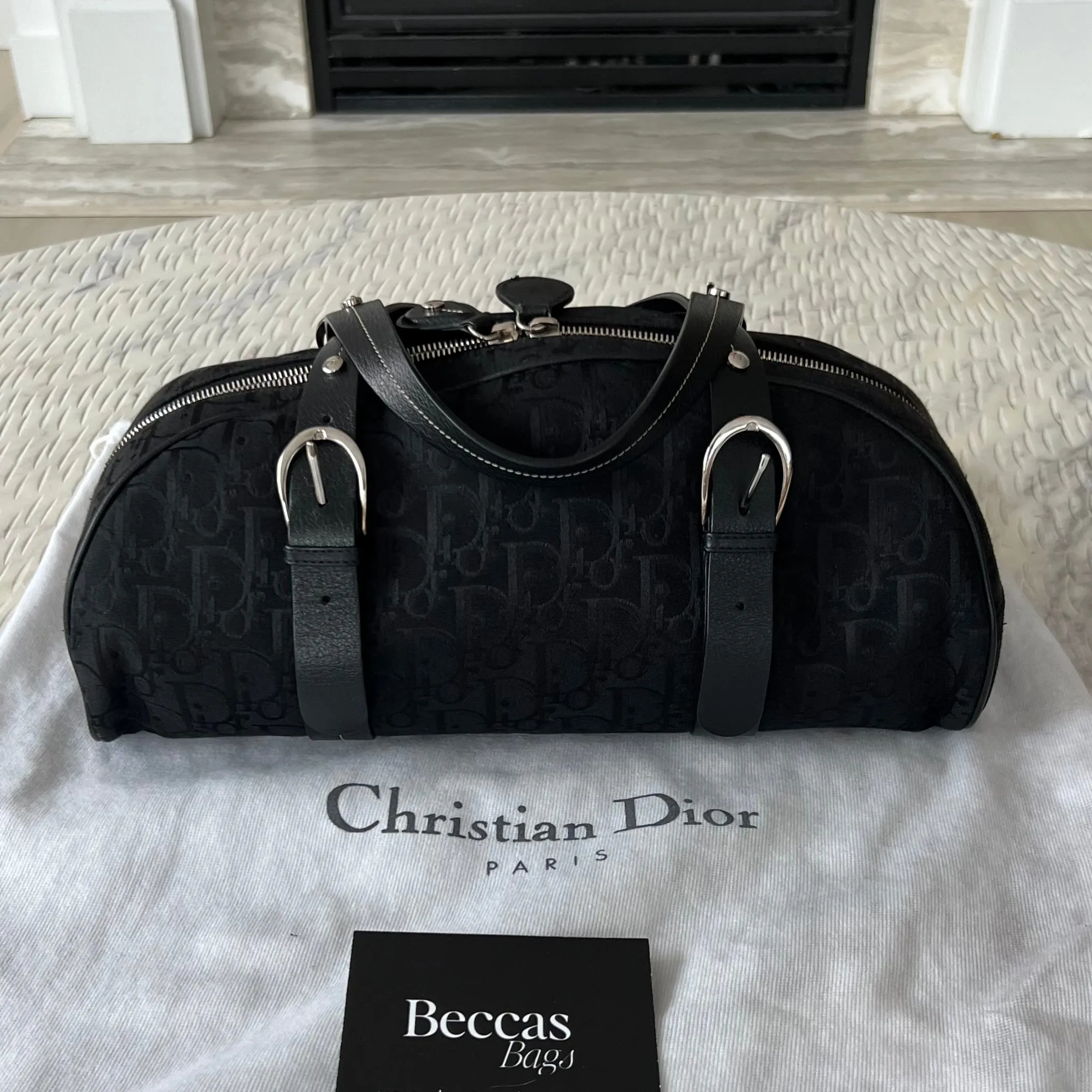 Christian Dior Black Flower Embroidered Trotter Bag