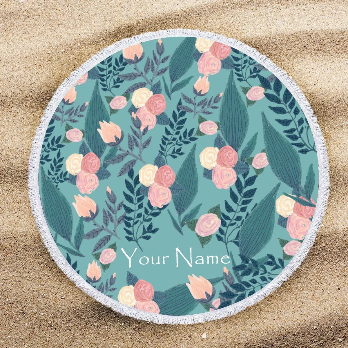 Custom Name Personalized Flower Round Beach Towel Bath Towel Custom Pool Towel Birthday Vacation