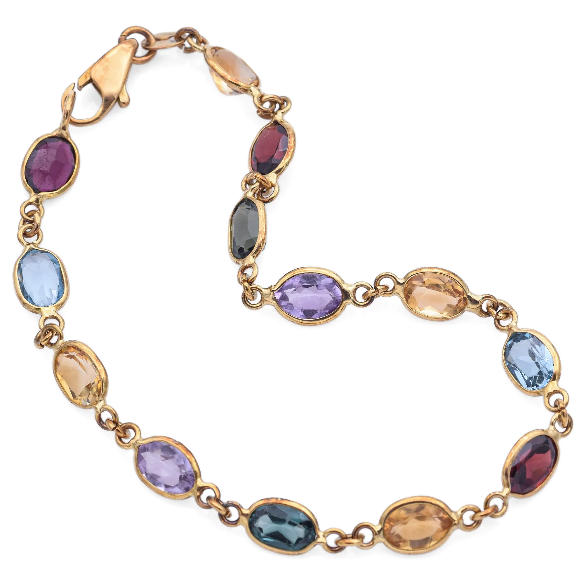 Estate 18K Yellow Gold Oval Multi-Gemstone Link Bracelet 7.25 Inches