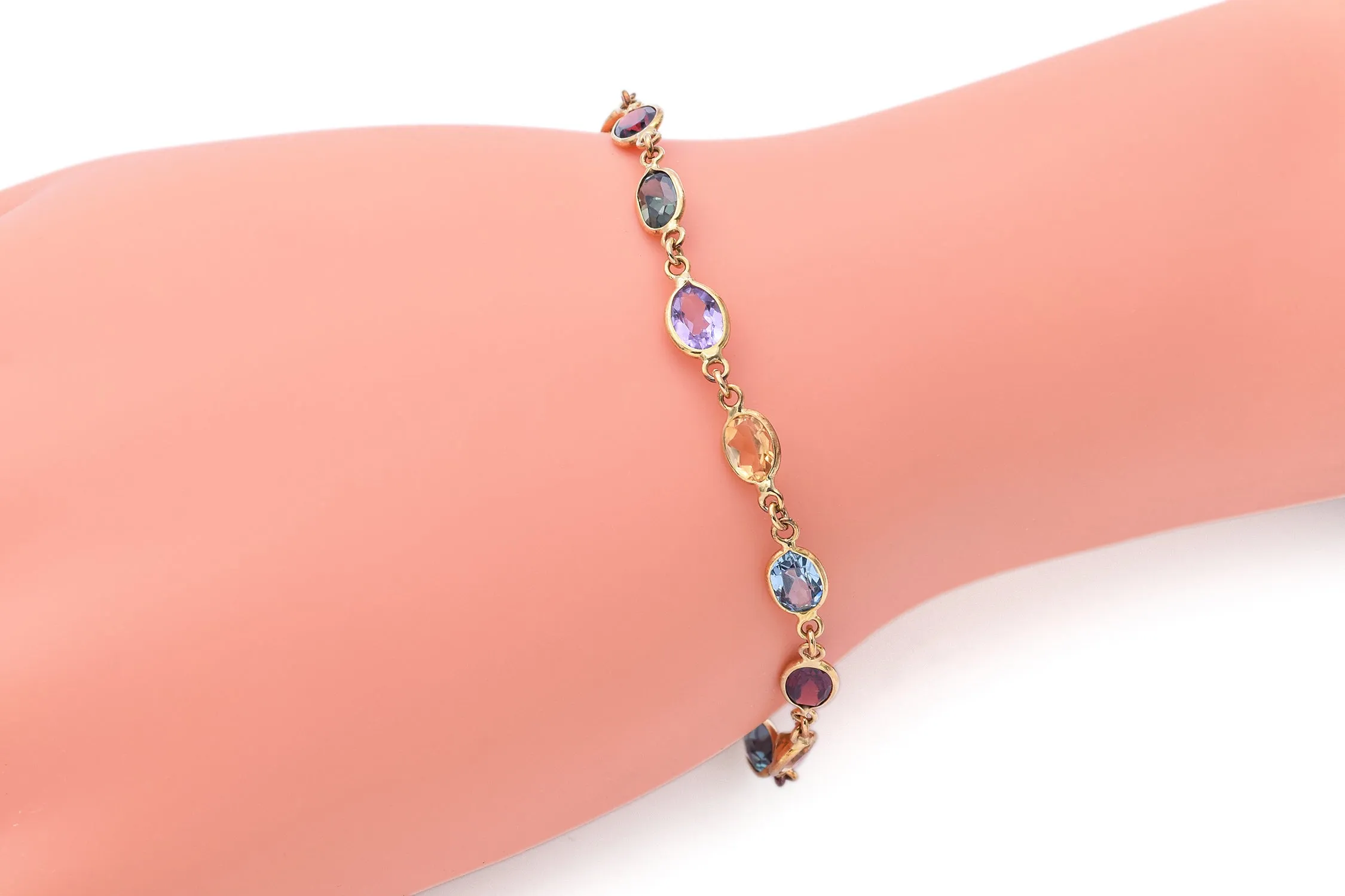 Estate 18K Yellow Gold Oval Multi-Gemstone Link Bracelet 7.25 Inches