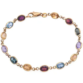 Estate 18K Yellow Gold Oval Multi-Gemstone Link Bracelet 7.25 Inches