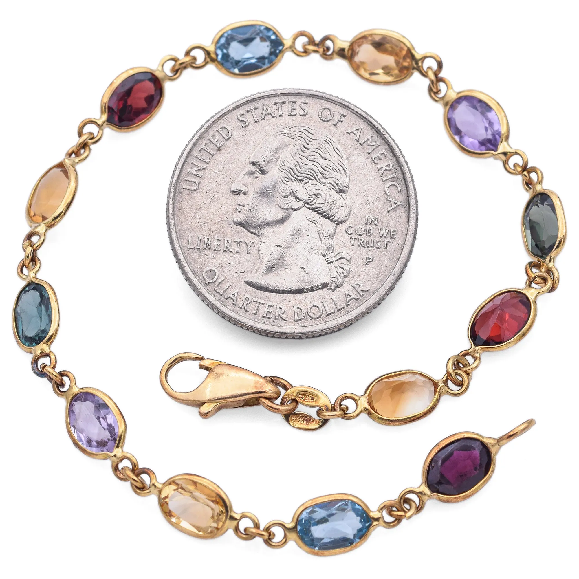 Estate 18K Yellow Gold Oval Multi-Gemstone Link Bracelet 7.25 Inches