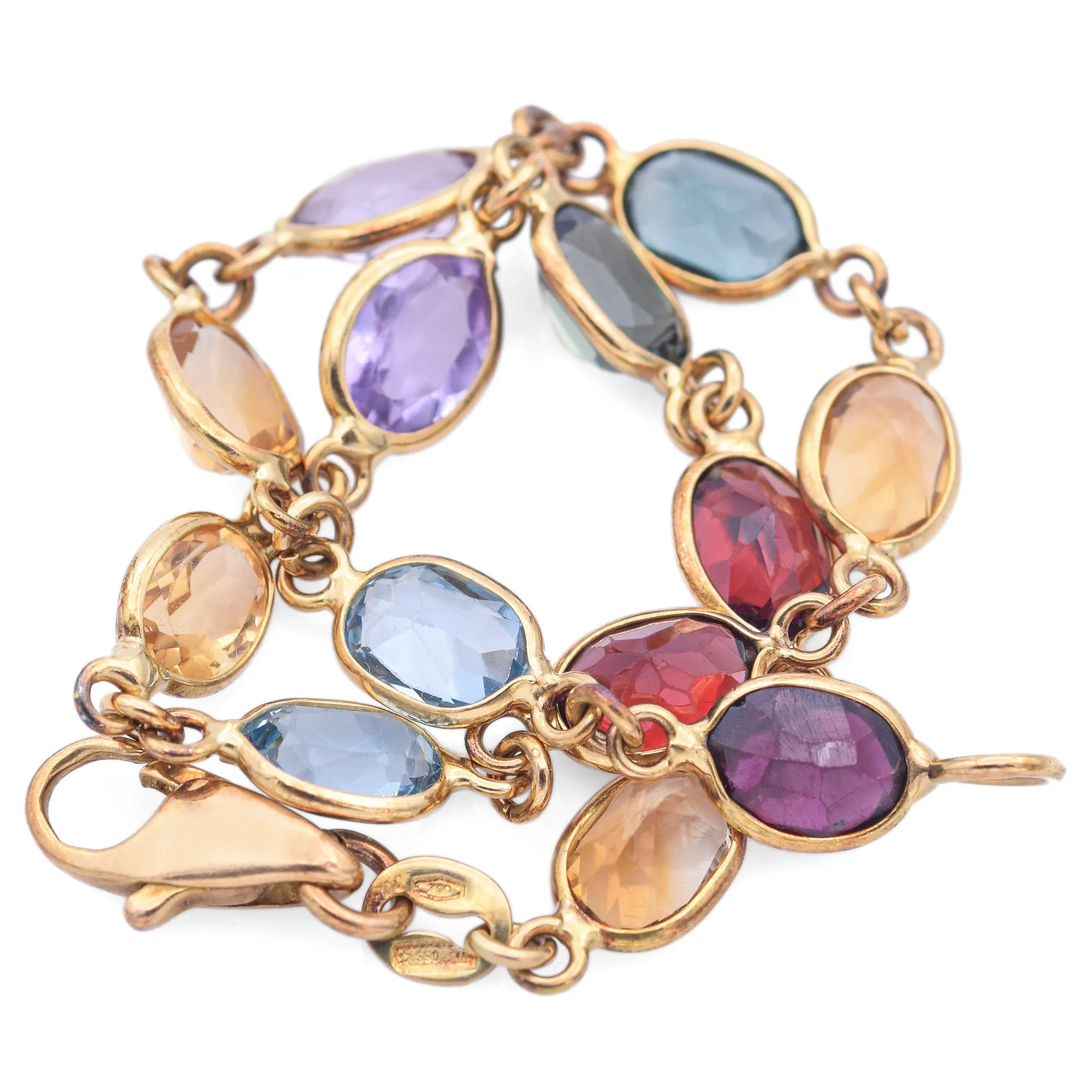 Estate 18K Yellow Gold Oval Multi-Gemstone Link Bracelet 7.25 Inches