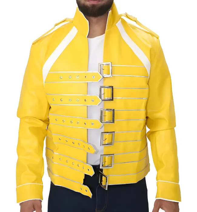 Freddie Mercury Wembley Concert Military Strap Queen Yellow Leather Biker Jacket