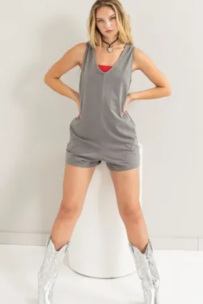 Gray V-Neck Wide Strap Romper