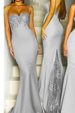 Mermaid Grey Spaghetti Straps Sweetheart Lace Satin Bridesmaid Dresses