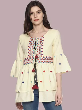 Off White Organic Cotton Shrug With Embroidery