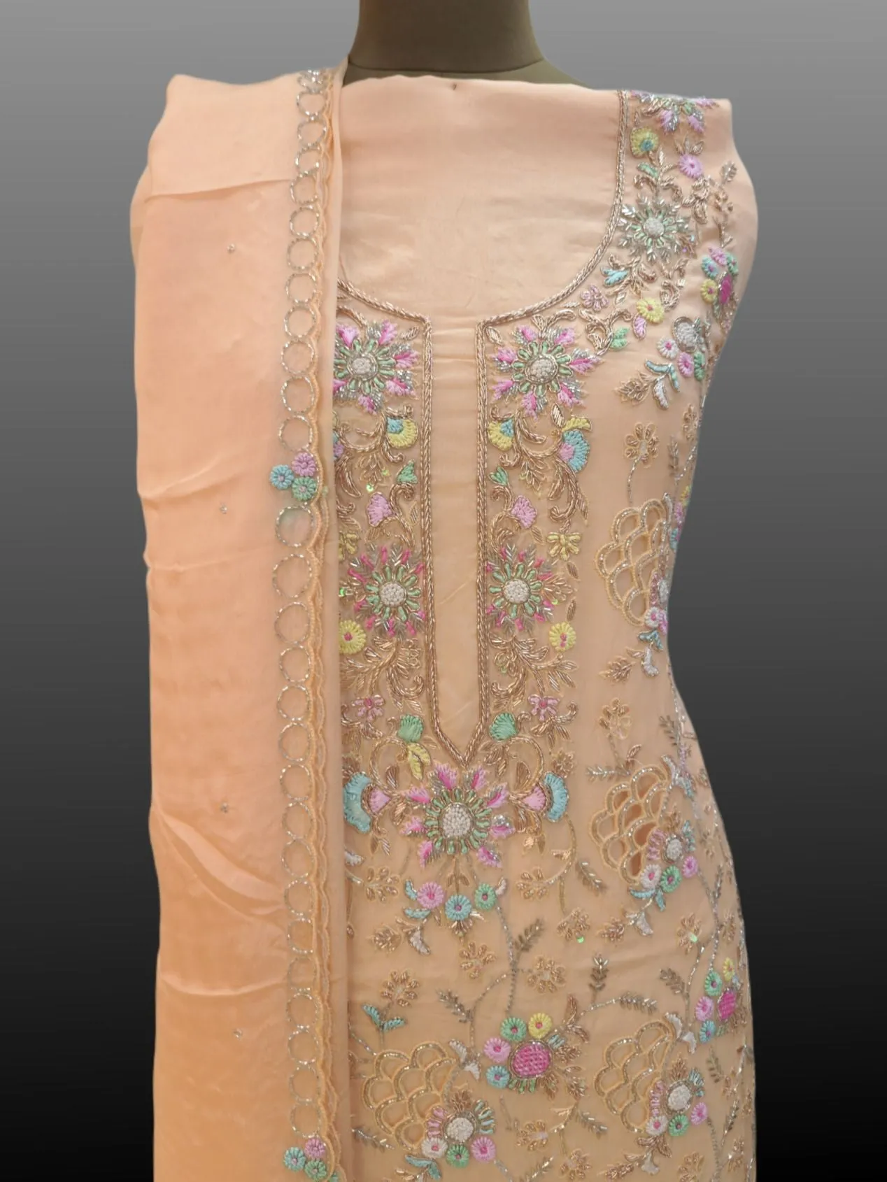 Pure Peach Crepe Hand Embroidered Suit With Dupatta