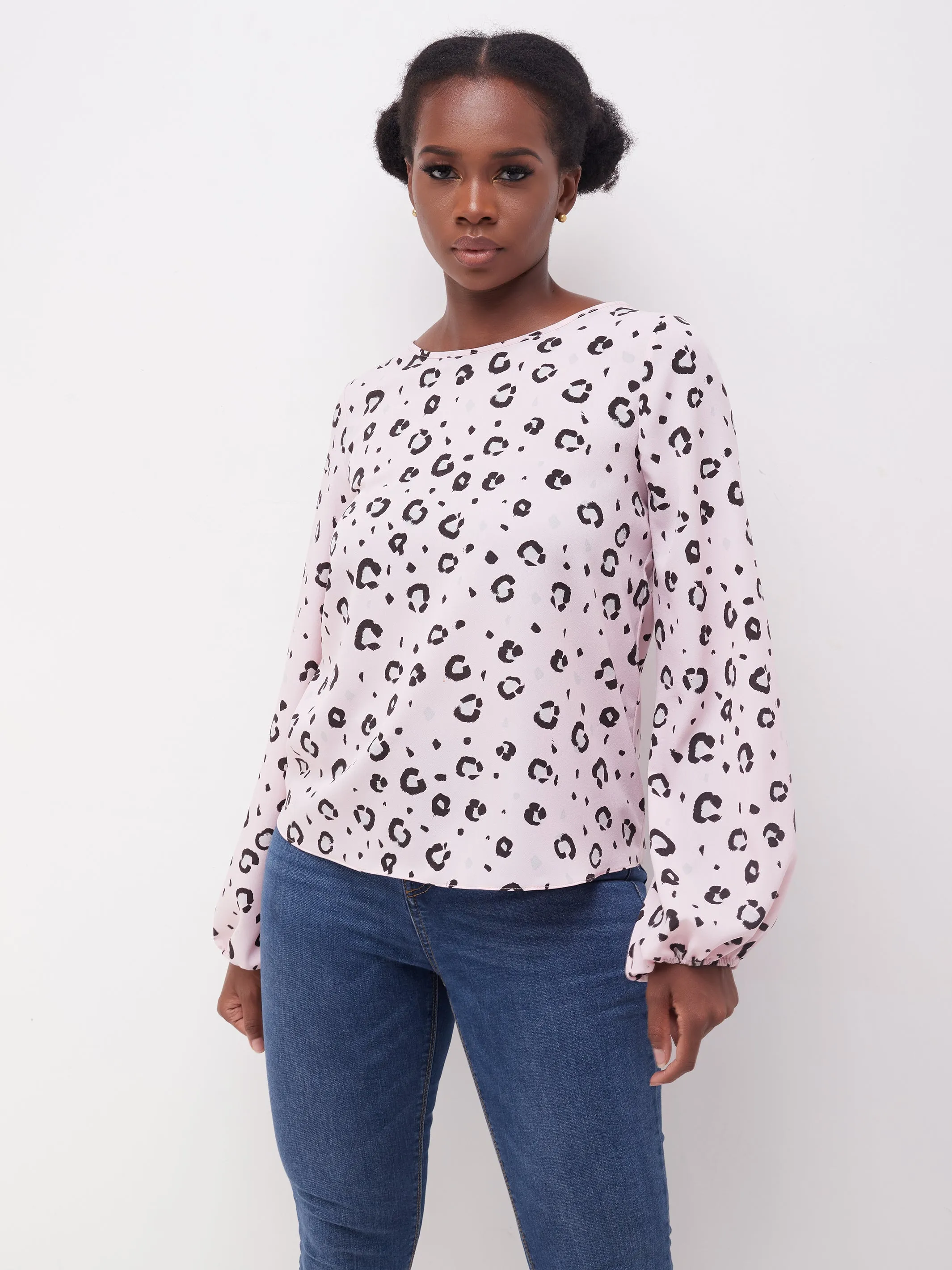 Safari Basic Bishop Sleeve Top - Pink Cheetah Print