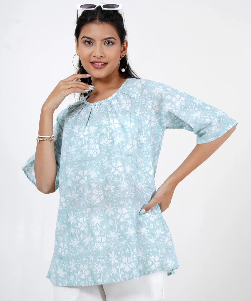 Sky blue white floral block printed cotton top