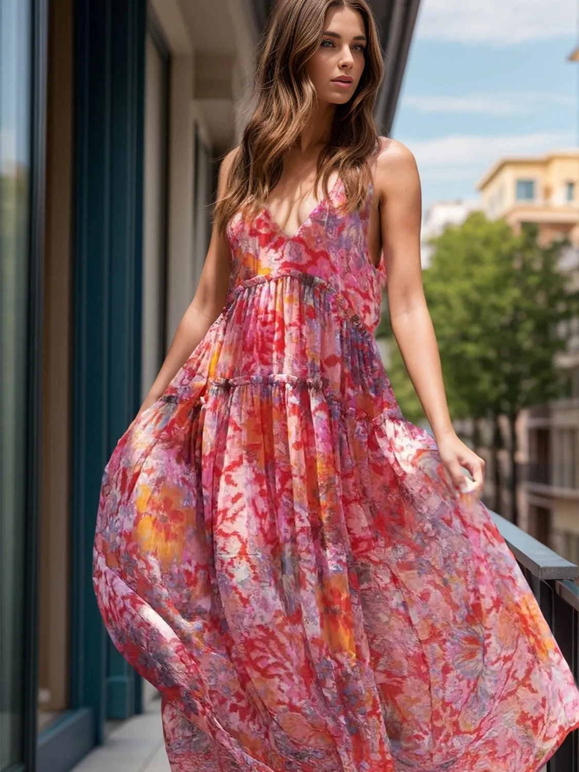 Sunset Vacation Tiered Printed V-Neck Sleeveless Dress