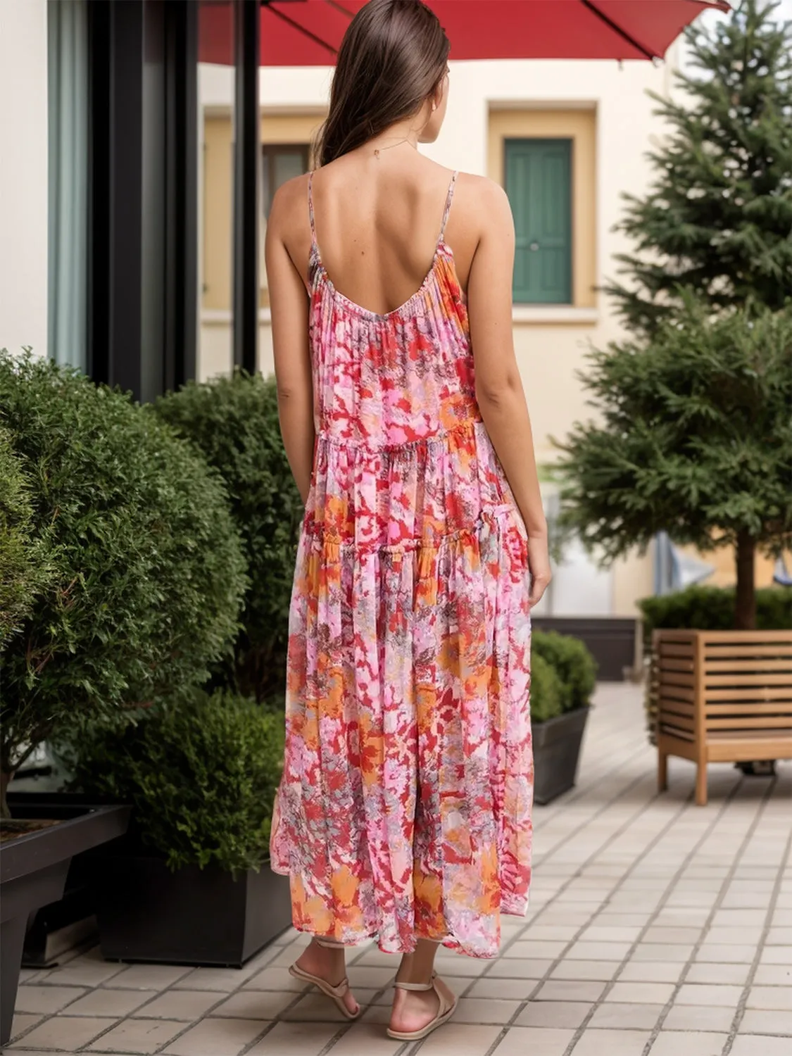 Sunset Vacation Tiered Printed V-Neck Sleeveless Dress