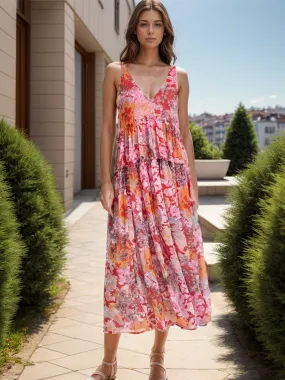 Sunset Vacation Tiered Printed V-Neck Sleeveless Dress