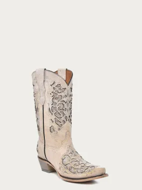 T0021 - TEEN'S WHITE GLITTERED INLAY SNIP TOE COWBOY BOOT