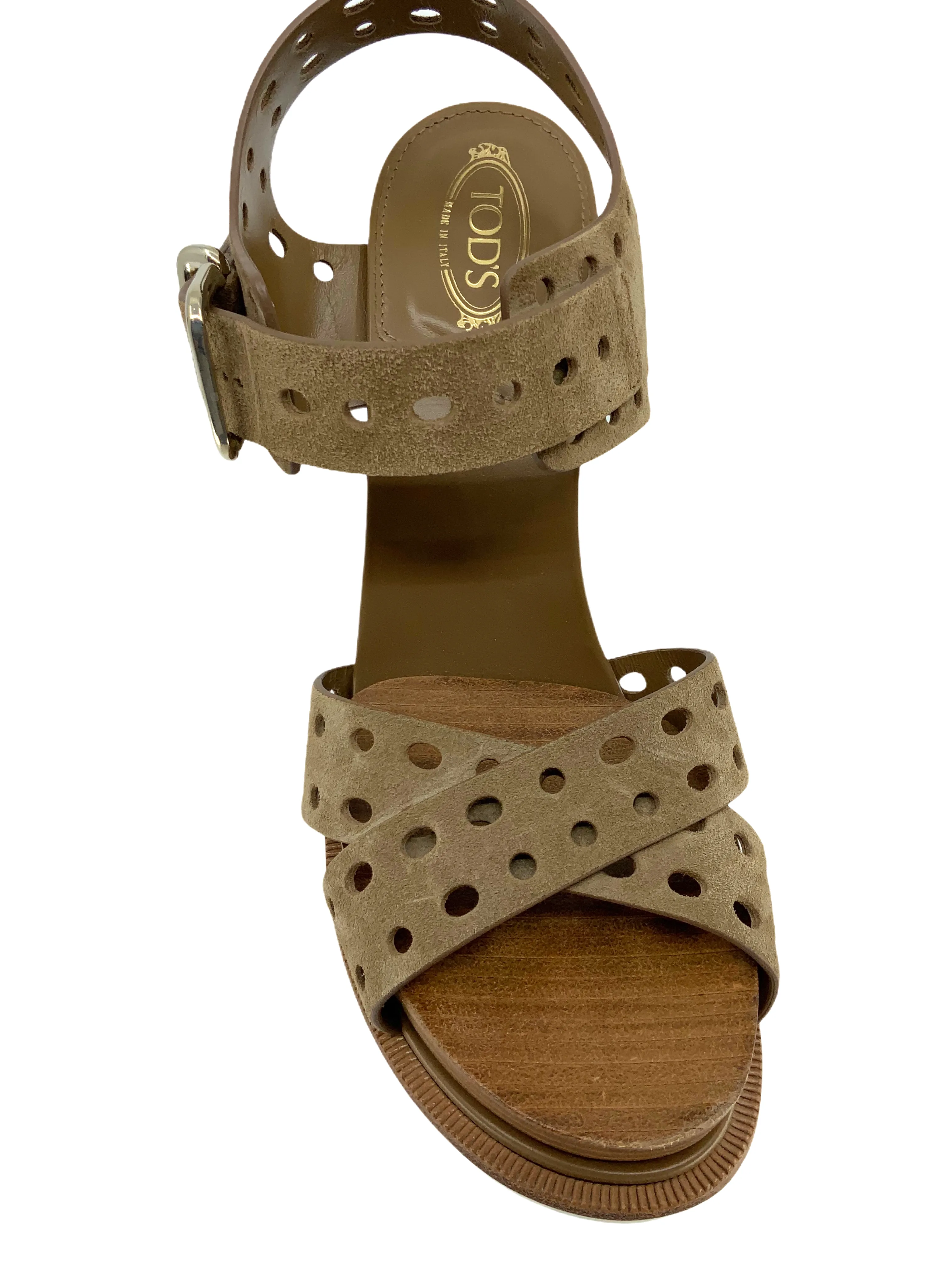 Tod's Perforated Suede Block Heel Sandal Size 7