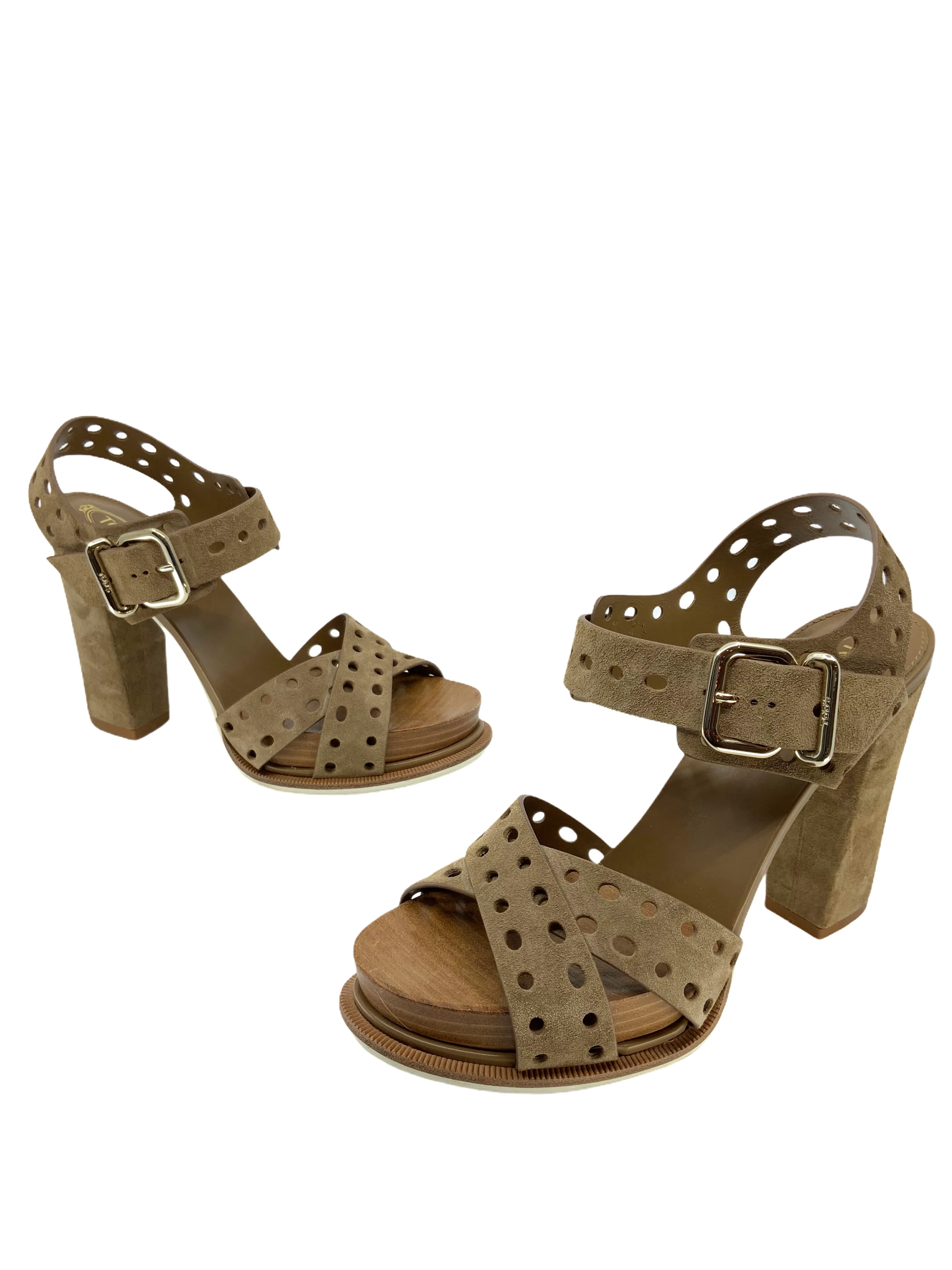 Tod's Perforated Suede Block Heel Sandal Size 7