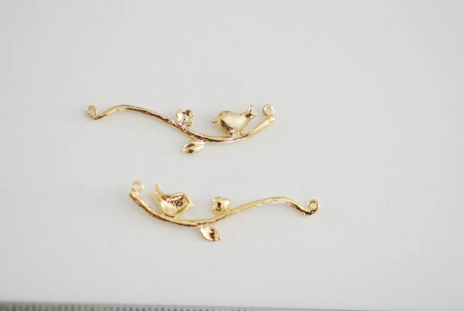 Vermeil Gold Wholesale Branch Bird Connector - 18k gold plated over sterling silver, Gold Branch Bird Charm Link Spacer, Gold Bird Charm, Gold Leaf