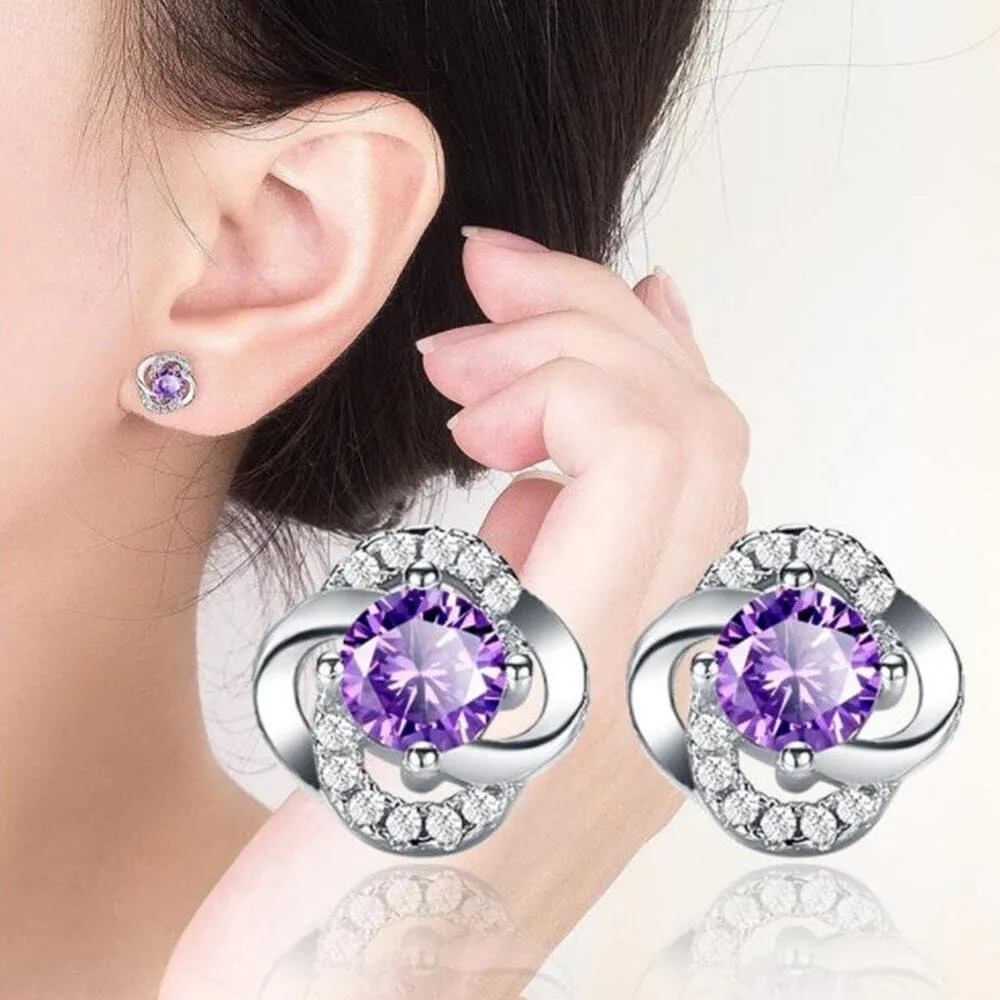 Vintage Amethyst Hollow Clover Flower Earrings - 925 Sterling Silver