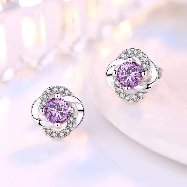 Vintage Amethyst Hollow Clover Flower Earrings - 925 Sterling Silver